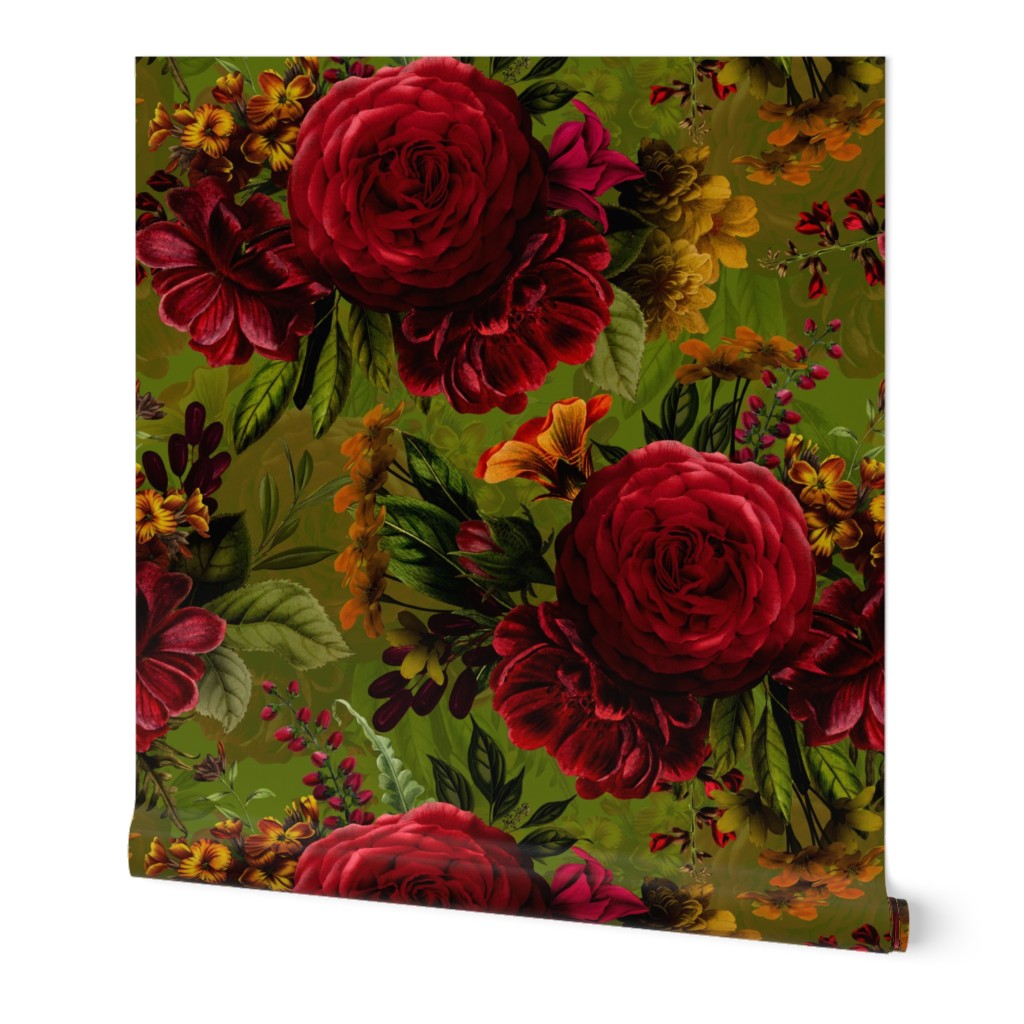 Small Vintage Summer Dark Night Romanticism:  Maximalism Moody Florals- Antiqued Burgundy And Teal Roses Bouquets Nostalgic - Gothic Mystic Night-  Antique Botany Wallpaper and Victorian Goth Mystic inspired - Green background