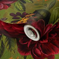 Small Vintage Summer Dark Night Romanticism:  Maximalism Moody Florals- Antiqued Burgundy And Teal Roses Bouquets Nostalgic - Gothic Mystic Night-  Antique Botany Wallpaper and Victorian Goth Mystic inspired - Green background