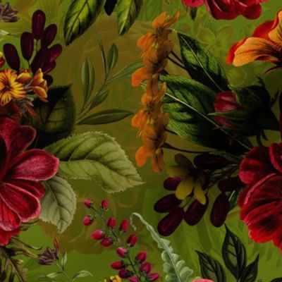 Small Vintage Summer Dark Night Romanticism:  Maximalism Moody Florals- Antiqued Burgundy And Teal Roses Bouquets Nostalgic - Gothic Mystic Night-  Antique Botany Wallpaper and Victorian Goth Mystic inspired - Green background