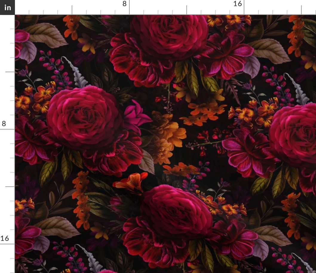 Small Vintage Summer Romanticism: Maximalism Moody Florals - Antiqued burgundy Roses and Nostalgic Gothic Mystic Night 4- Antique Botany Wallpaper and Victorian Goth Mystic inspired