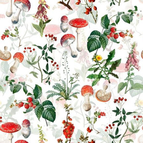 10" vintage botanical wildflowers red fungus and berries on white Psychadelic  Mushroom Wallpaper