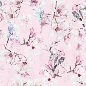12" Bunch of Magnolia Branches And Leaves With happy Little Birds - double layer light pink
