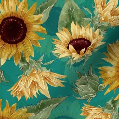 14" Sunflowers forever - hand drawn watercolor florals on teal- double layer,sunflower fabric, sunflowers fabric 