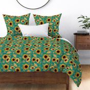 14" Sunflowers forever - hand drawn watercolor florals on teal- double layer,sunflower fabric, sunflowers fabric 