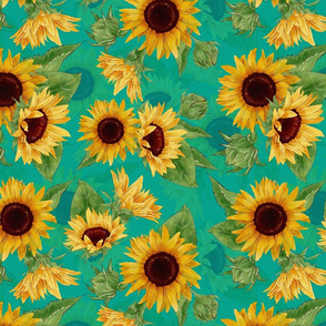 14" Sunflowers forever - hand drawn watercolor florals on teal- double layer,sunflower fabric, sunflowers fabric 