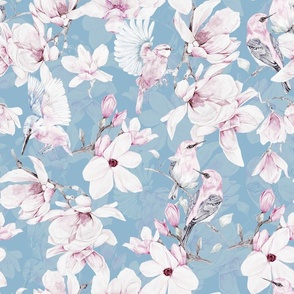 18" 12" Bunch of Magnolia Branches And Leaves With happy Little Birds - double layer - light blue 