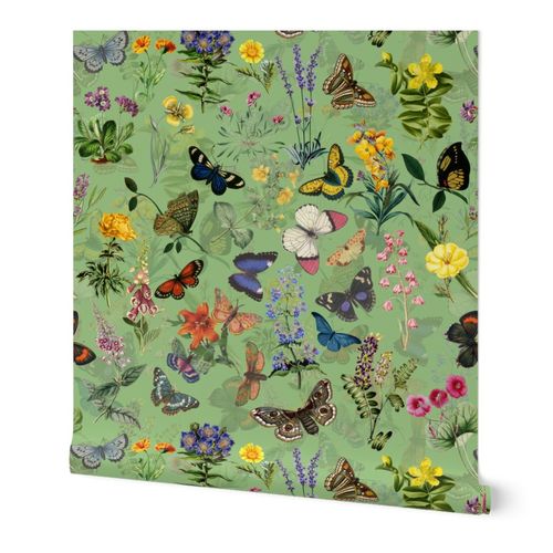 Removable Water-Activated Wallpaper Butterflies Spring Flower Garden Green Girl 