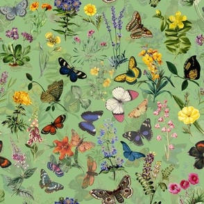 10" Nostalgic Butterflies In Spring Flower Garden- Vintage pollinators antiqued home decor, antique wallpaper, Green  Double