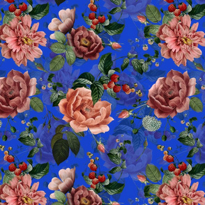14" Antique Roses With Raspberries and Wild Flowers Royal Blue