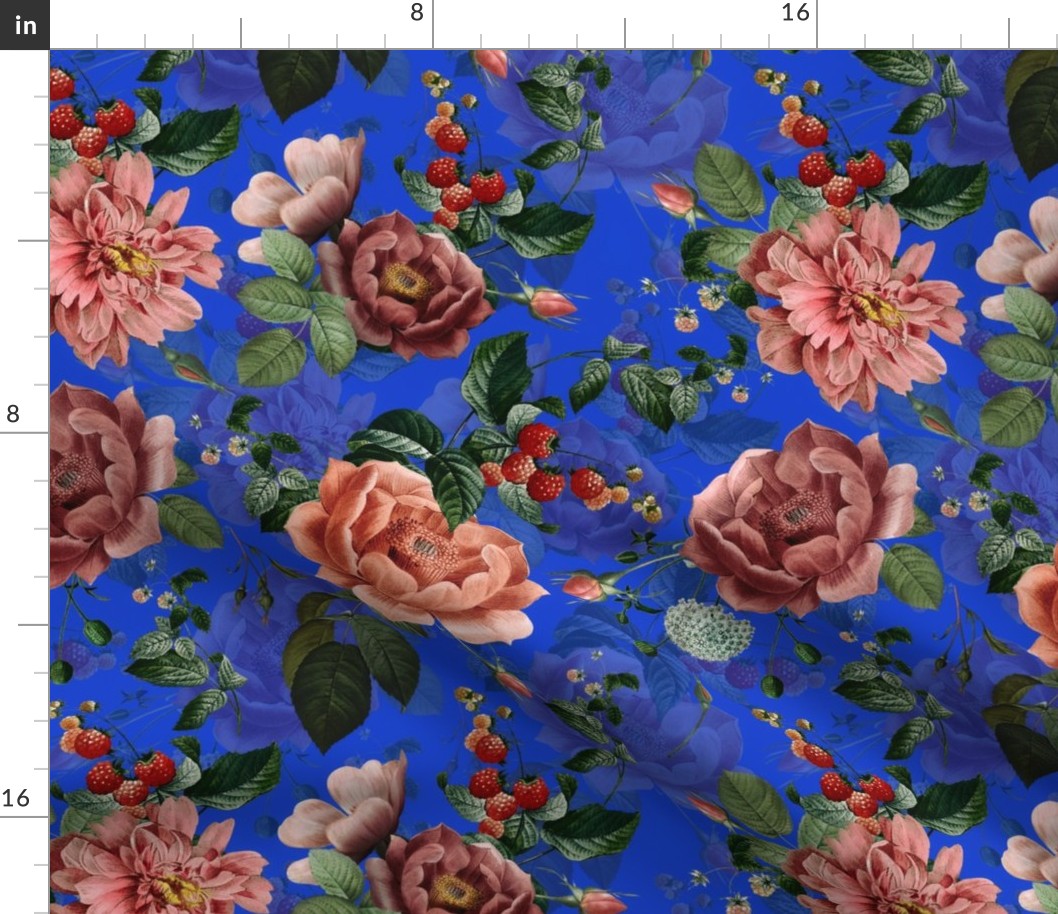 14" Antique Roses With Raspberries and Wild Flowers Royal Blue