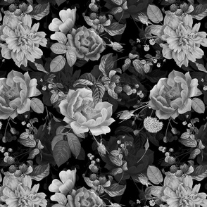 Small Vintage Summer Dark Night Romanticism:  Maximalism Moody Florals- Antiqued Black & White Roses Nostalgic - Gothic Mystic Night-  Antique Botany Wallpaper and Victorian Goth Mystic inspired