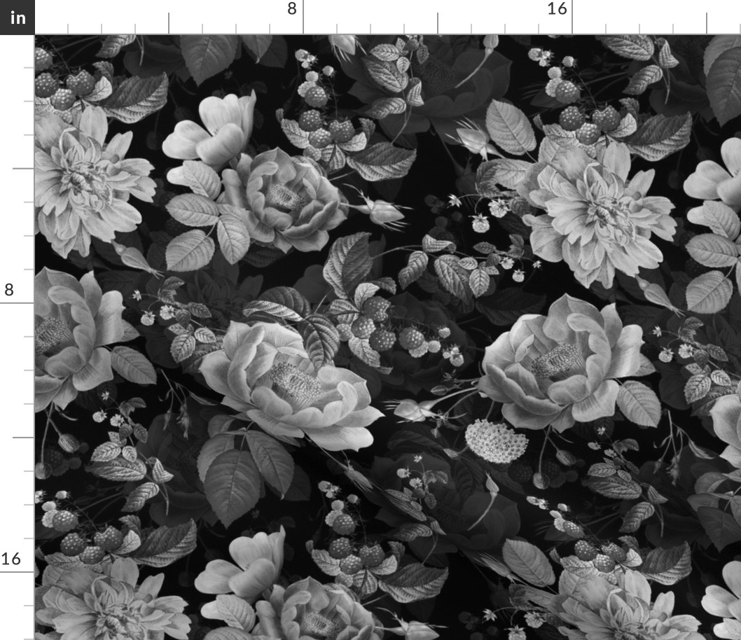 Small Vintage Summer Dark Night Romanticism:  Maximalism Moody Florals- Antiqued Black & White Roses Nostalgic - Gothic Mystic Night-  Antique Botany Wallpaper and Victorian Goth Mystic inspired