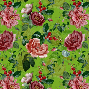 14" Antique Roses With Raspberries and Wild Flowers Shiny Spring Green