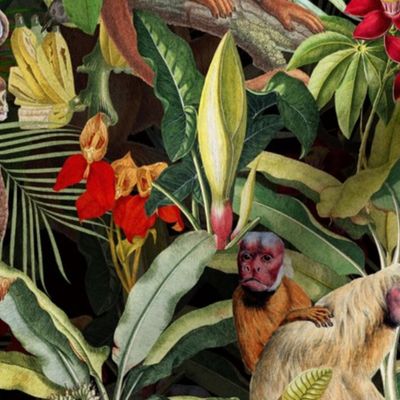 18" Monkeys Bananas Flowers Tropical Jungle Black