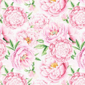 14"  Hand painted watercolor blush peonies flower pattern fabric on white-double layer