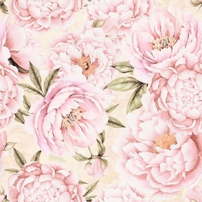 14"  Hand painted watercolor blush peonies flower pattern fabric on sepia yellow-double layer