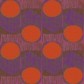 Sunrise, sunset - purple  12" (Nomads collection) - A large abstract repeat with orange circles on a textured brown and purple background.