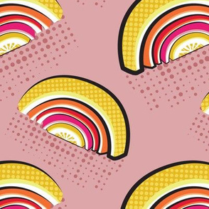 Normal scale // Pop art citrus rainbows // blush pink background yellow orange red and fuchsia pink fruits peel pink dots