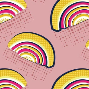 Normal scale // Pop art citrus rainbows // blush pink background yellow and fuchsia pink fruits peel pink dots