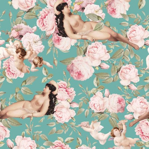 12" Sleeping Antique Venus With Angels And Redouté Roses teal blue one layer