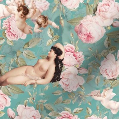 12" Sleeping Antique Venus With Angels And Redouté Roses teal blue doublelayer