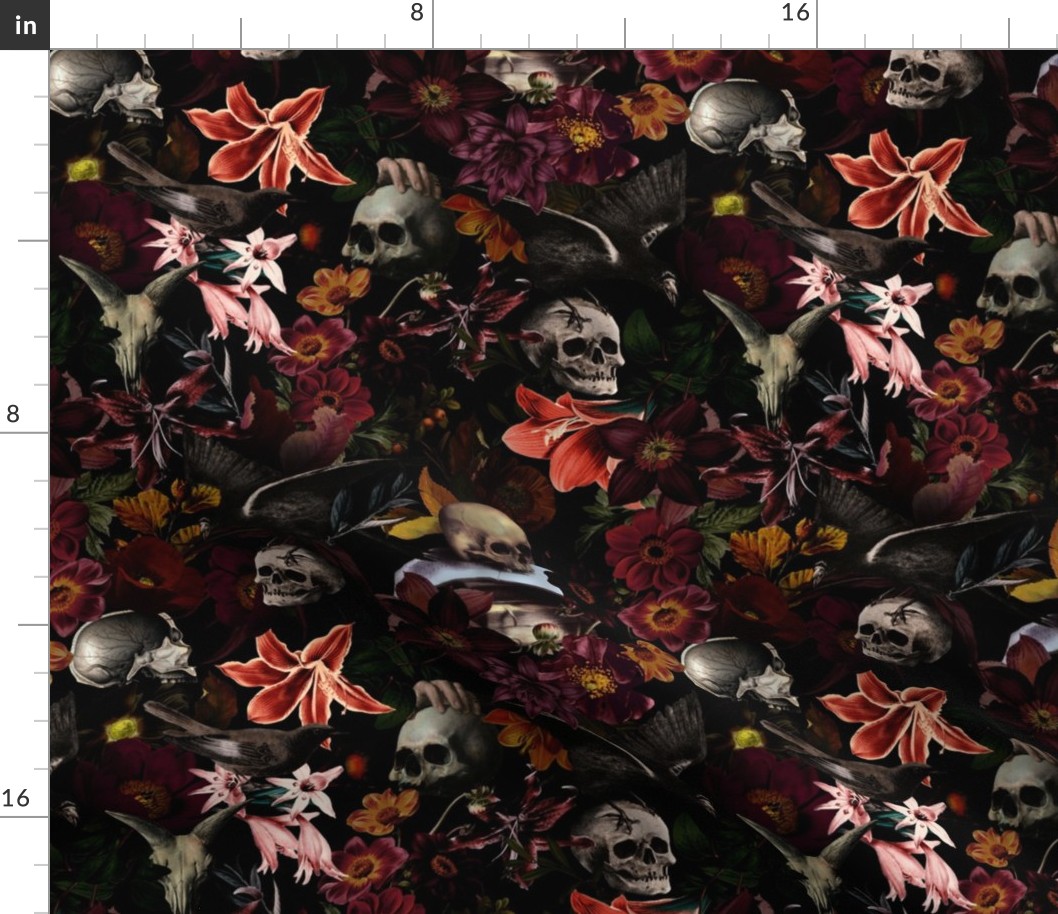 12" Vintage Halloween Aesthetic Wallpaper: Antique Mystic Horror Spooky  Skulls and Flowers with Goth Fabric, Victorian Pink Witchy Gothic dark green