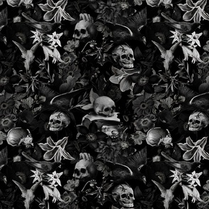 12" Antique  Mystic   Horror Spooky Skulls and Flowers, Goth Fabric, nostalgic Gothic Pattern 
