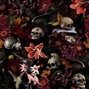 12" Vintage Halloween Aesthetic Wallpaper: Antique Mystic Horror Spooky  Skulls and Flowers with Goth Fabric, Victorian Pink Witchy Gothic  black, double layer
