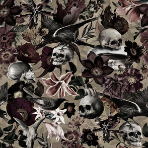 12" Antique  Horror Spooky  Skulls and Flowers, halloween Goth Fabric, Nostalgic Gothic Pattern - sepia gray Vintage home decor, antique wallpaper,