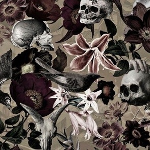 12" Antique  dark academia Horror Spooky  Skulls and Flowers, halloween aesthetic wallpaper Goth Fabric, Nostalgic Gothic Pattern - sepia gray Vintage home decor, antique wallpaper,