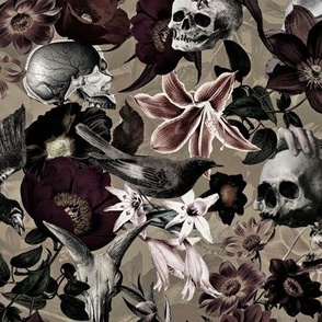 12" Antique Skulls and Flowers, Goth Fabric, Gothic Pattern - sepia gray Vintage home decor, antique wallpaper,