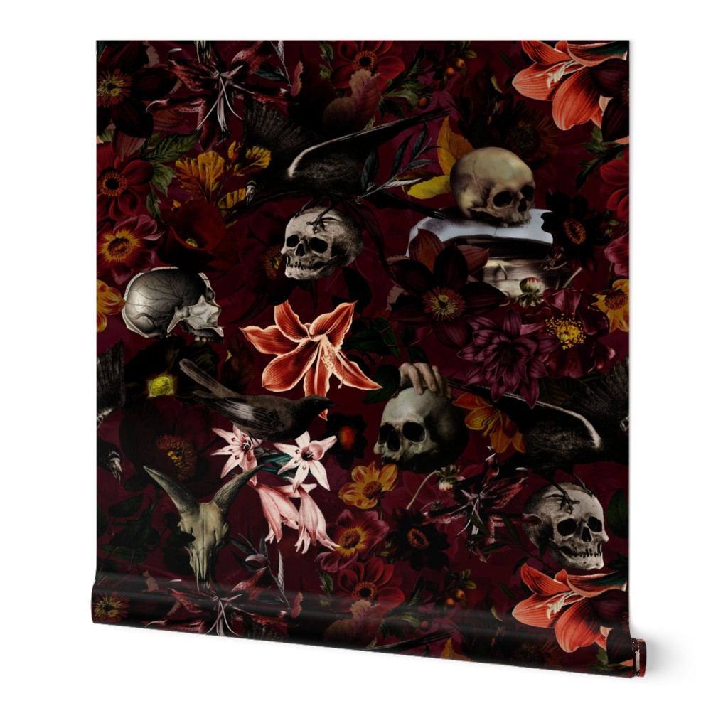 12" Vintage halloween aesthetic goth wallpaper: Antique Mystic Horror Spooky  Skulls and Flowers with Goth Fabric, Victorian Pink Witchy Gothic  dark red 