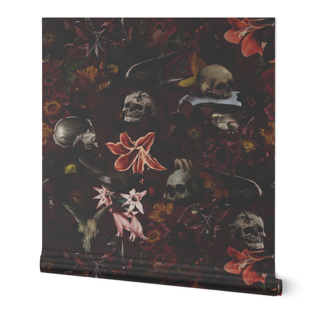 12" Vintage halloween aesthetic goth wallpaper: Antique Mystic Horror Spooky  Skulls and Flowers with Goth Fabric, Victorian Pink Witchy Gothic  dark red 
