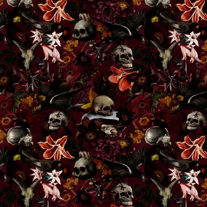 12" Vintage halloween aesthetic goth wallpaper: Antique Mystic Horror Spooky  Skulls and Flowers with Goth Fabric, Victorian Pink Witchy Gothic  dark red 