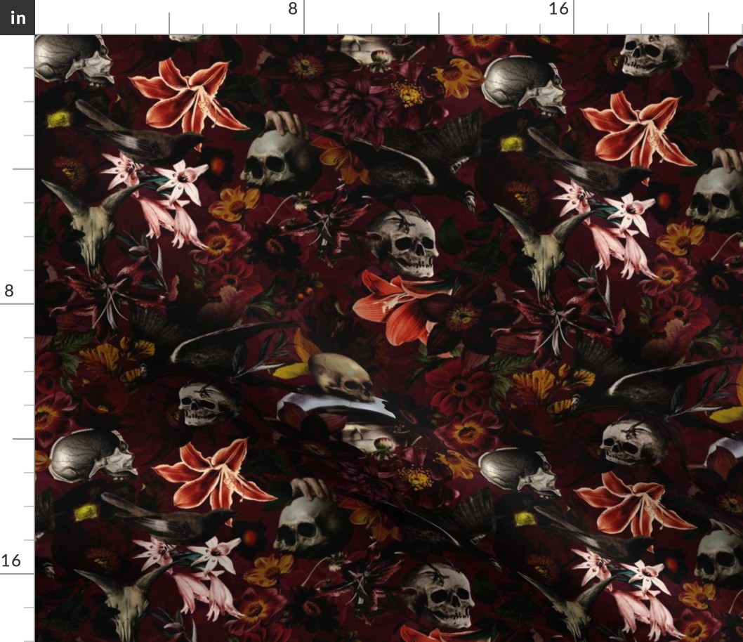 12" Vintage halloween aesthetic goth wallpaper: Antique Mystic Horror Spooky  Skulls and Flowers with Goth Fabric, Victorian Pink Witchy Gothic  dark red 