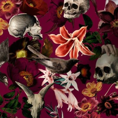 12" Vintage halloween aesthetic goth wallpaper: Antique Mystic Horror Spooky  Skulls and Flowers with Goth Fabric, Victorian Pink Witchy Gothic dark red magenta