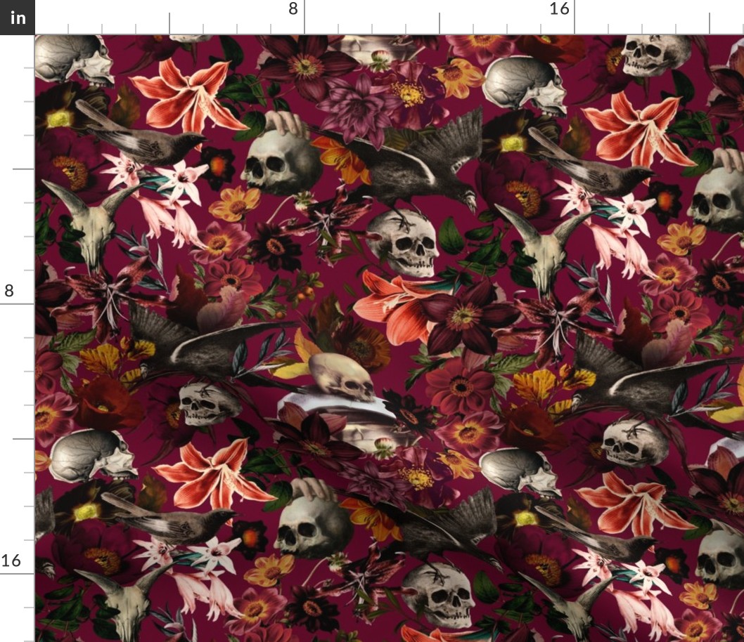 12" Vintage halloween aesthetic goth wallpaper: Antique Mystic Horror Spooky  Skulls and Flowers with Goth Fabric, Victorian Pink Witchy Gothic dark red magenta