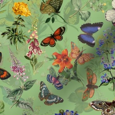 14" Nostalgic Butterflies In Spring Flower Garden- Vintage pollinators antiqued home decor, antique wallpaper, Green  Double