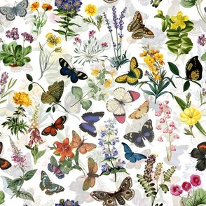 10" Butterflies In Spring Flower Garden- White Double,Vintage pollinators  home decor, antique wallpaper,