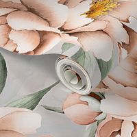 12"  Hand painted watercolor peach  peonies flower pattern fabric on light gray 