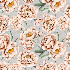 12"  Hand painted watercolor peach  peonies flower pattern fabric on light gray 