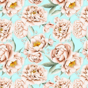 12"  Hand painted watercolor peach  peonies flower pattern fabric on light turquoise