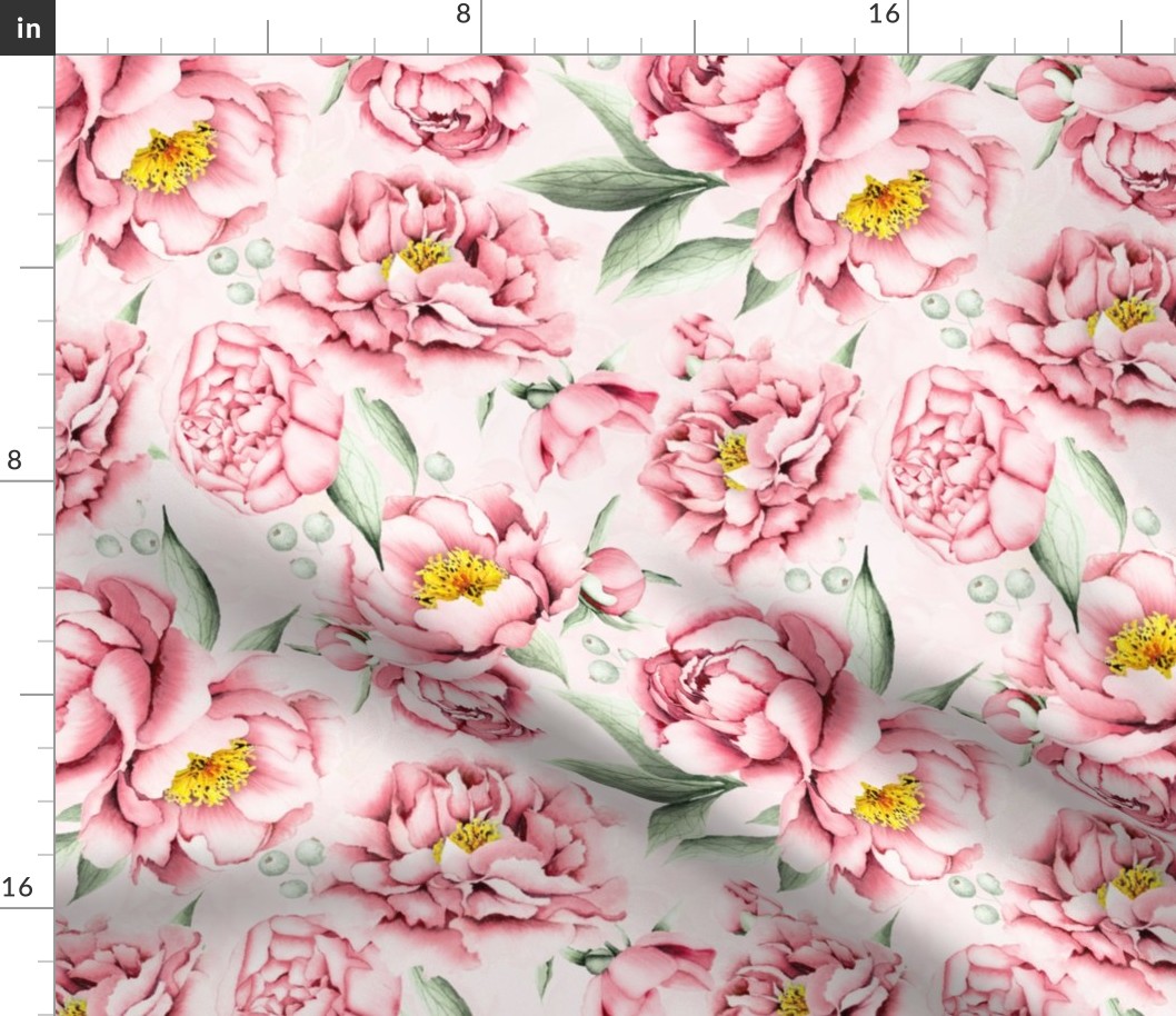 12"  Hand painted watercolor blush peonies flower pattern fabric on light pink double layer