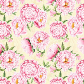 12"  Hand painted watercolor blush peonies flower pattern fabric on yellow-double layer