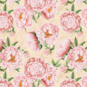 14"  Hand painted watercolor blush peonies flower pattern fabric on yellow-double layer