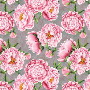 14"  Hand painted watercolor blush peonies flower pattern fabric on dark grey-double layer