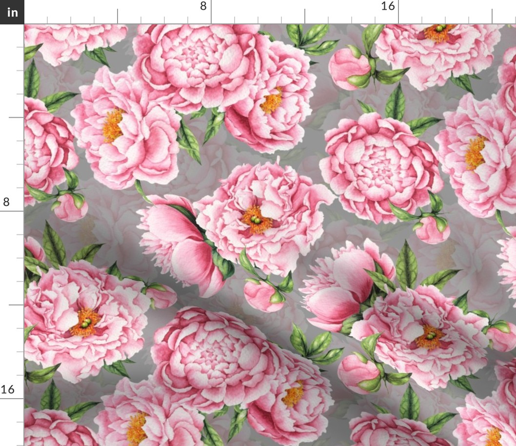 14"  Hand painted watercolor blush peonies flower pattern fabric on dark grey-double layer