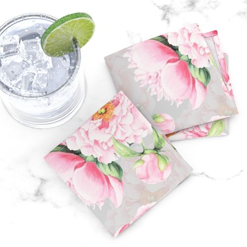 14"  Hand painted watercolor blush peonies flower pattern fabric on grey-double layer