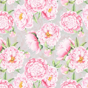 14"  Hand painted watercolor blush peonies flower pattern fabric on grey-double layer