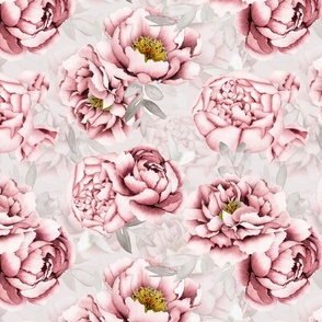 14"  Hand painted watercolor blush peonies flower pattern fabric on sepia gray-double layer